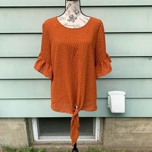 Burnt orange polkadot 3/4 ruffle sleeve front tie Detail blouse
